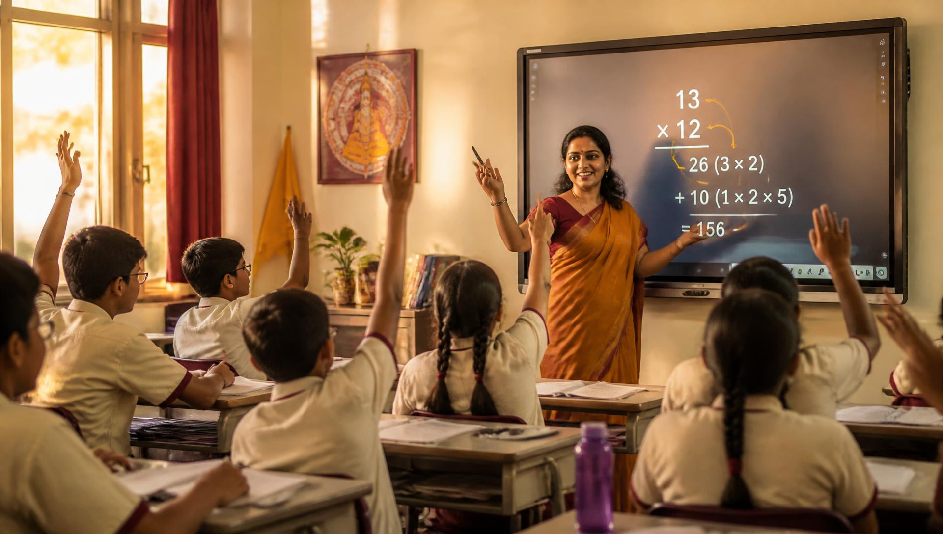 A teacher leading a Vedic mathematics lesson at an interactive display with engaged students